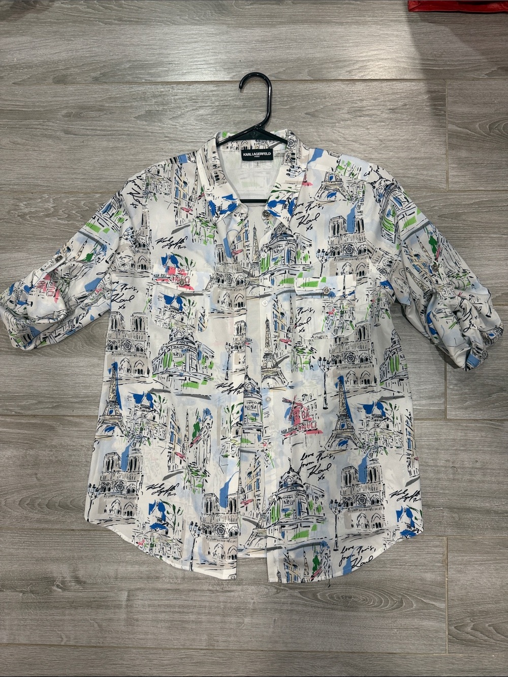Karl Lagerfeld White Button-Down Shirt with Blue and Green Sketch Print L